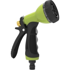 Pistola per irrigazione da giardino verde con manico nero.