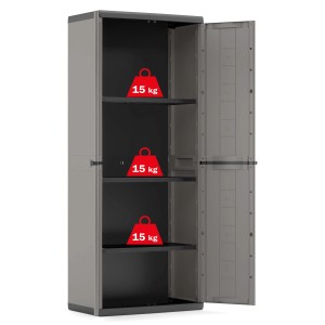 Armadio da balcone t.b.t. grigio con ante aperte e tre ripiani.