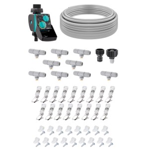 Sistema di irrigazione t.b.t.: timer, tubo, connettori, clip e viti per l'irrigazione del giardino.