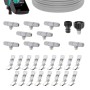 Sistema di irrigazione t.b.t.: timer, tubo, connettori, clip e viti per l'irrigazione del giardino.