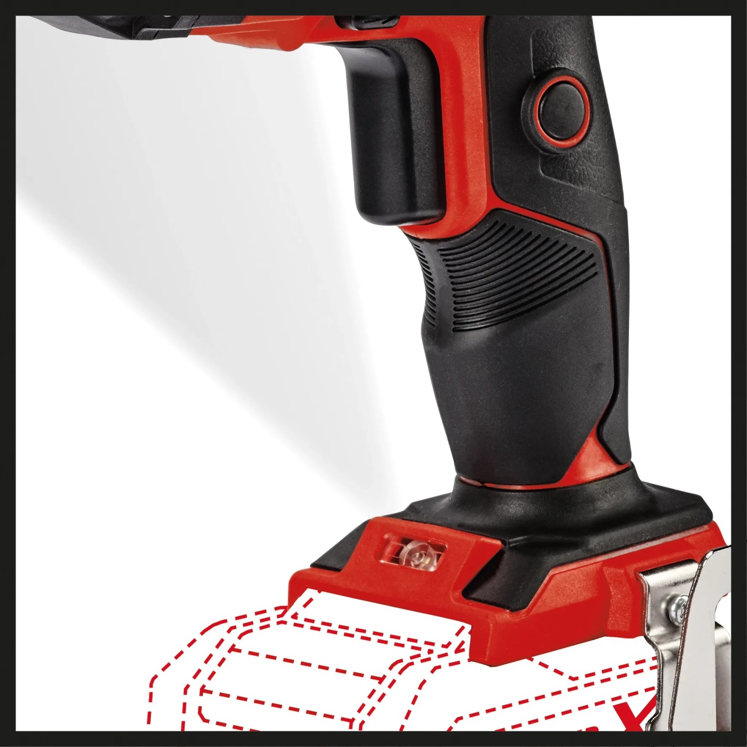 Dettaglio: Avvitatore per cartongesso a batteria Einhell TE-DY 18 Li, rosso-nero, con luce LED. Trapano per cartongesso.