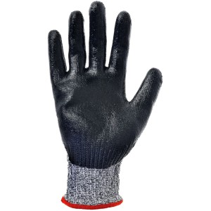 Guanto da lavoro nero t.b.t. con polsino in maglia grigia e orlo rosso.