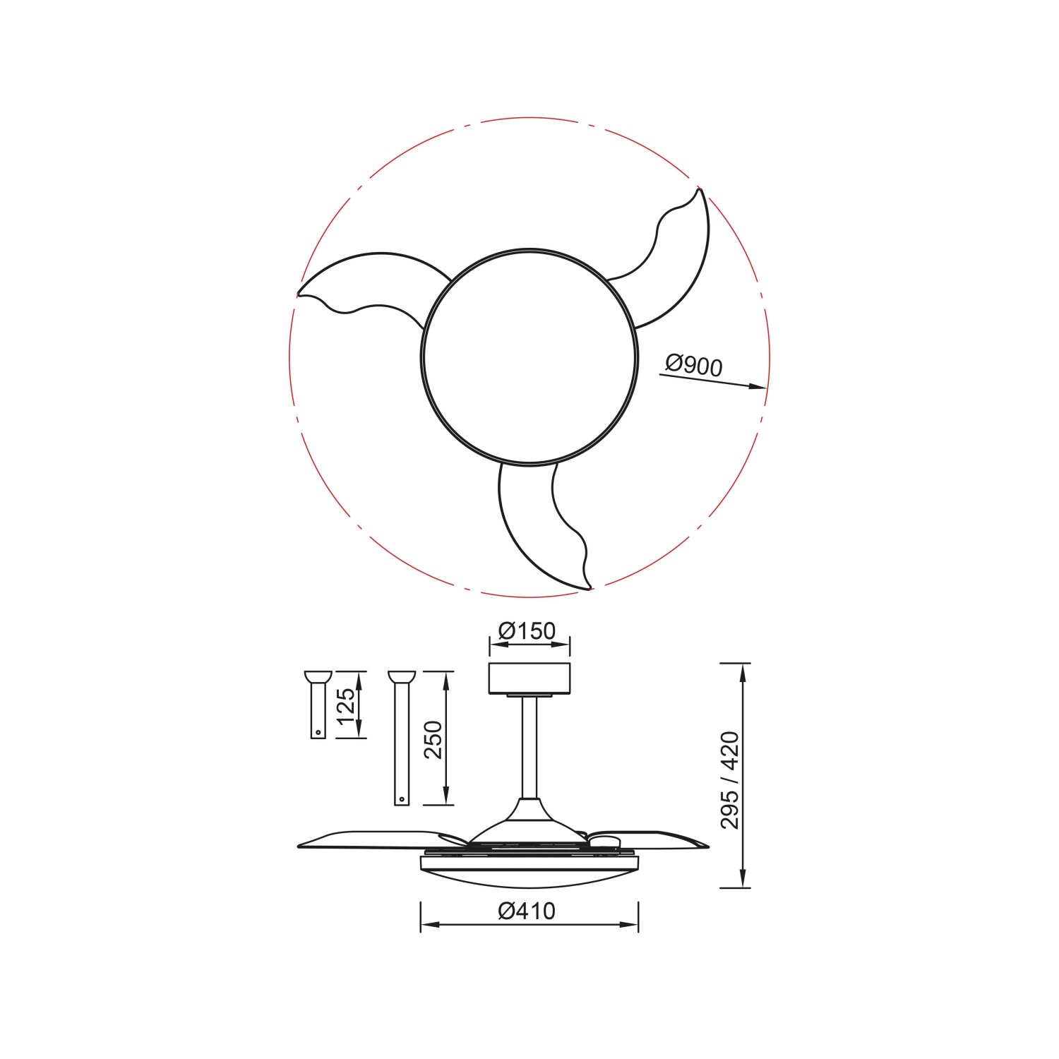 Disegno tecnico di una plafoniera LED con dimensioni.
