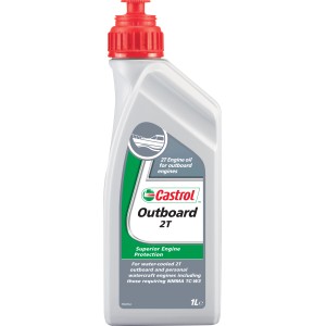 Olio Castrol Outboard 2T per motori fuoribordo, flacone da 1 litro con tappo rosso.