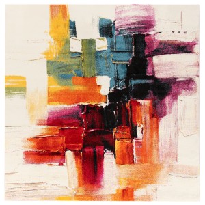 Tappeto moderno con motivo astratto colorato in giallo, rosso, blu e viola.