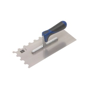 Cazzuola LUX in acciaio inox Special Comfort con dentatura tonda per adesivi per piastrelle e pavimenti.