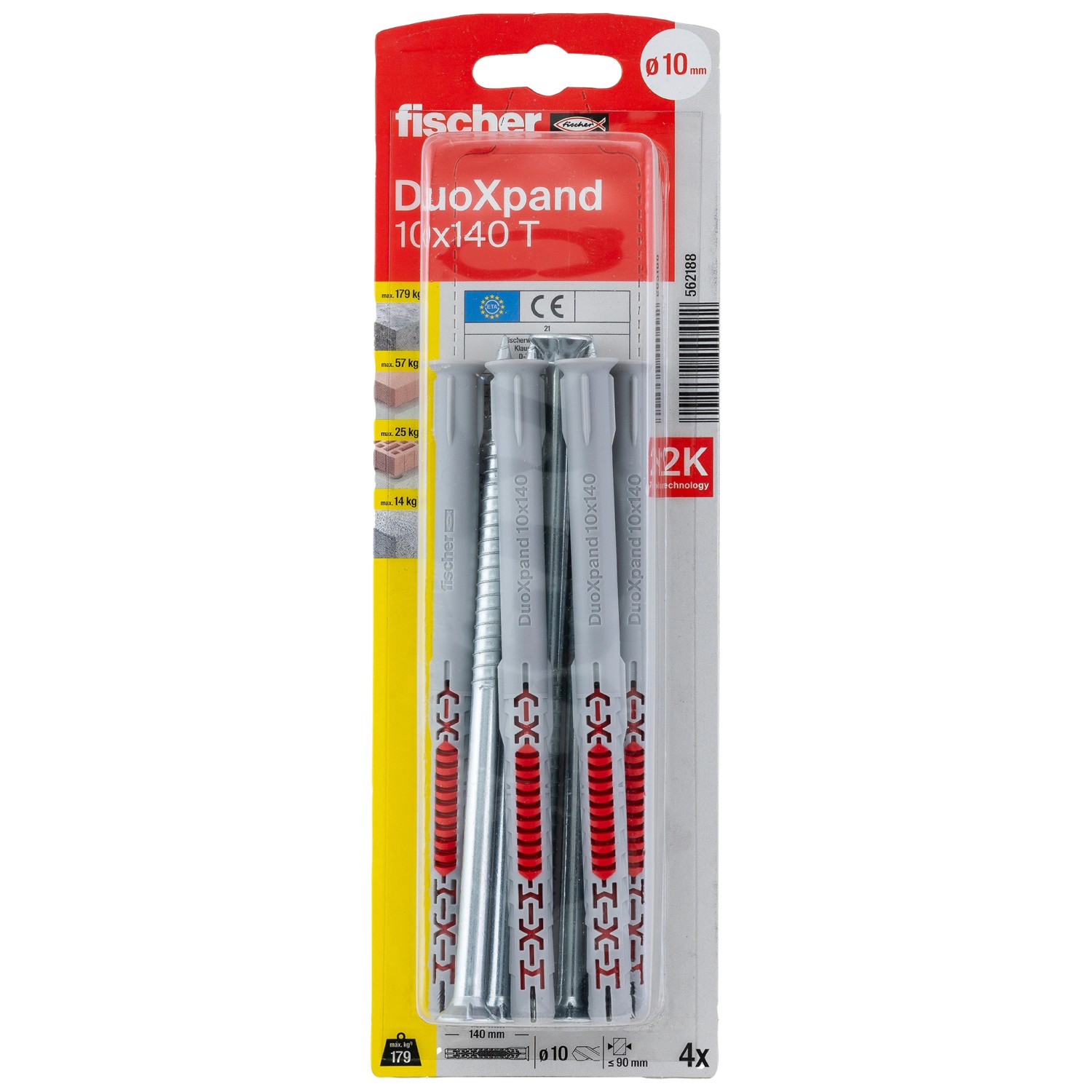 Fischer DuoXpand tasselli 10x140 mm, confezione da 4 con vite a testa svasata, adatti per calcestruzzo e muratura.