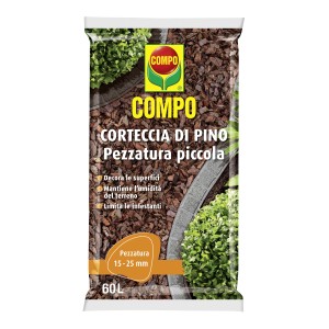 Sacco di corteccia di pino COMPO, grana fine, 60L. Pacciamatura decorativa per giardino e aiuole.