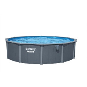 Piscina Bestway Hydrium, piscina fuori terra con parete in acciaio grigia, riempita d'acqua.