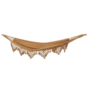 Amaca t.b.t. marrone con frange decorative. Puro relax in giardino o sulla terrazza.
