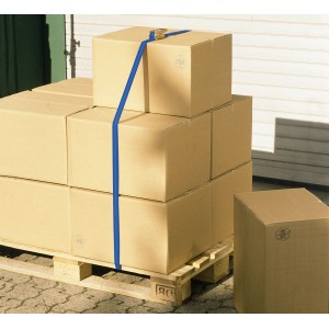 Cinghia a cricchetto blu che fissa scatole di cartone su pallet per il trasporto.