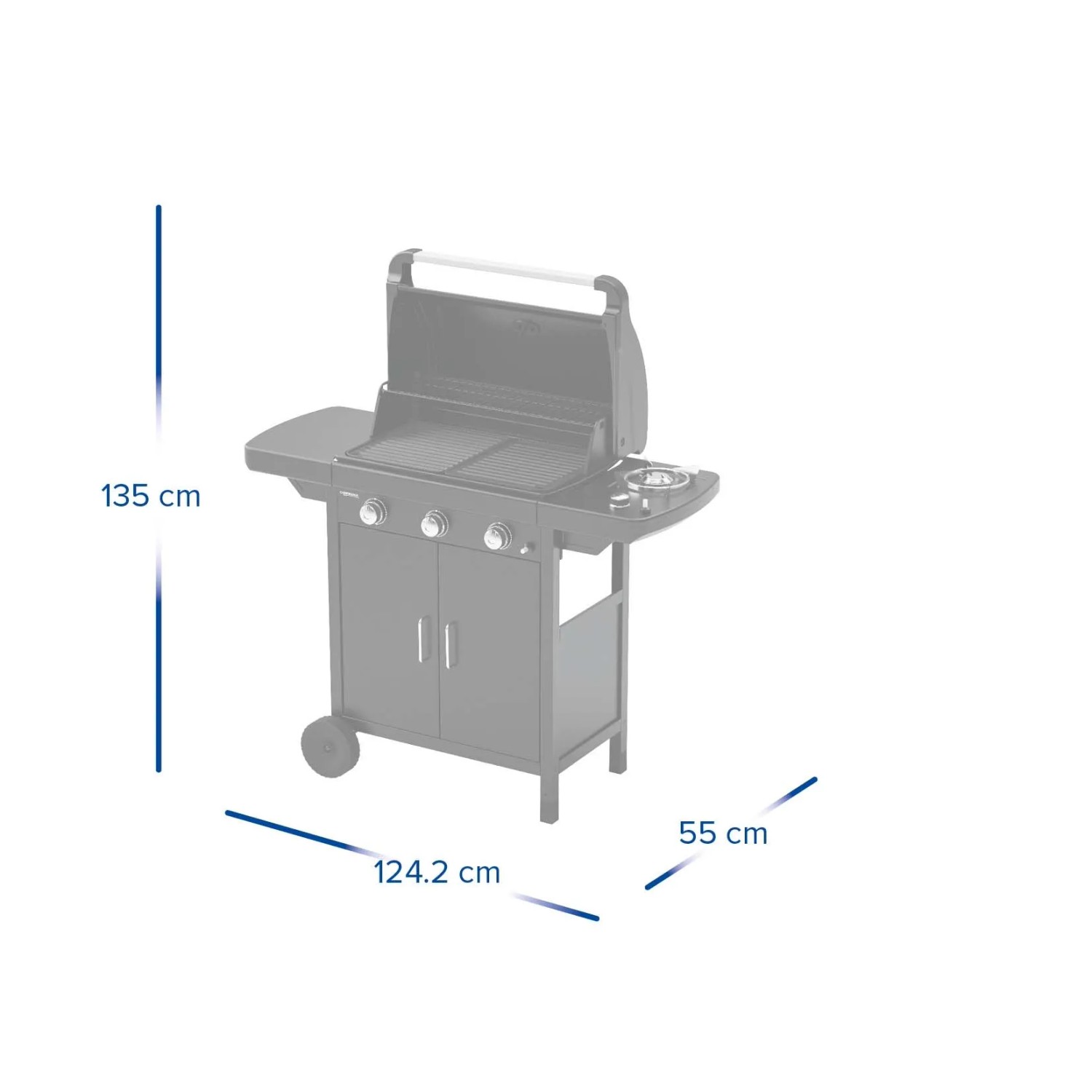 Immagine di un barbecue a gas con dimensioni 135 x 124,2 x 55 cm.