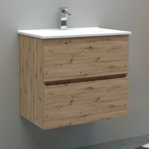 Mobile bagno sospeso con due cassetti e lavabo bianco.