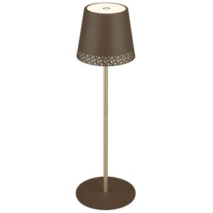 Lampada da tavolo LED t.b.t. marrone con base dorata e motivo traforato sul paralume.