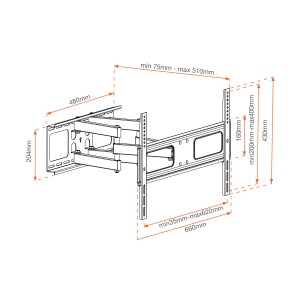Disegno tecnico di un supporto a parete per TV t.b.t. con dimensioni per l'installazione.
