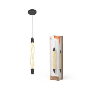 Moderna lampada a sospensione t.b.t. con filamenti luminosi decorativi e confezione.