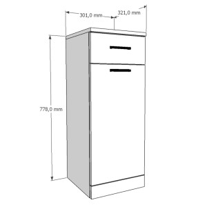 Schizzo: mobile bagno t.b.t. con cassetto e anta, dimensioni indicate.
