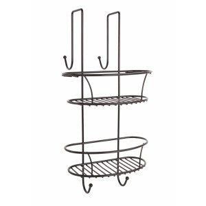 Cestello doccia scuro da appendere con due ripiani e ganci, ideale per accessori doccia.