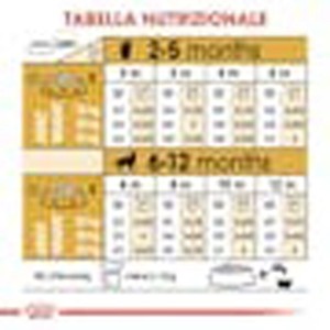 Tabella nutrizionale per cibo secco per cani t.b.t., suddivisa per età.