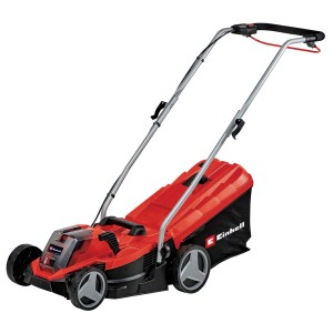Tagliaerba a batteria Einhell rosso con cesto di raccolta.