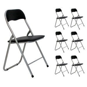Set di sedie pieghevoli nere con struttura argentata. Seduta pratica e salvaspazio.