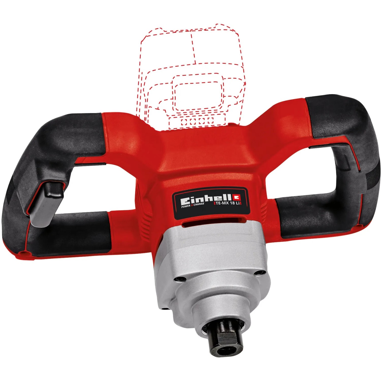 Miscelatore per vernice e malta a batteria Einhell Power X-Change TE-MX 18 Li (senza batteria) in rosso e argento, con maniglia.