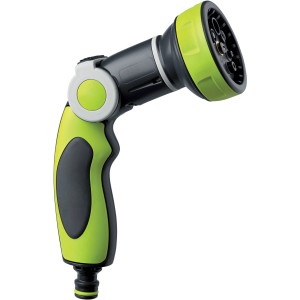 Pistola per irrigazione t.b.t. verde con testina a spruzzo regolabile per irrigazione giardino.