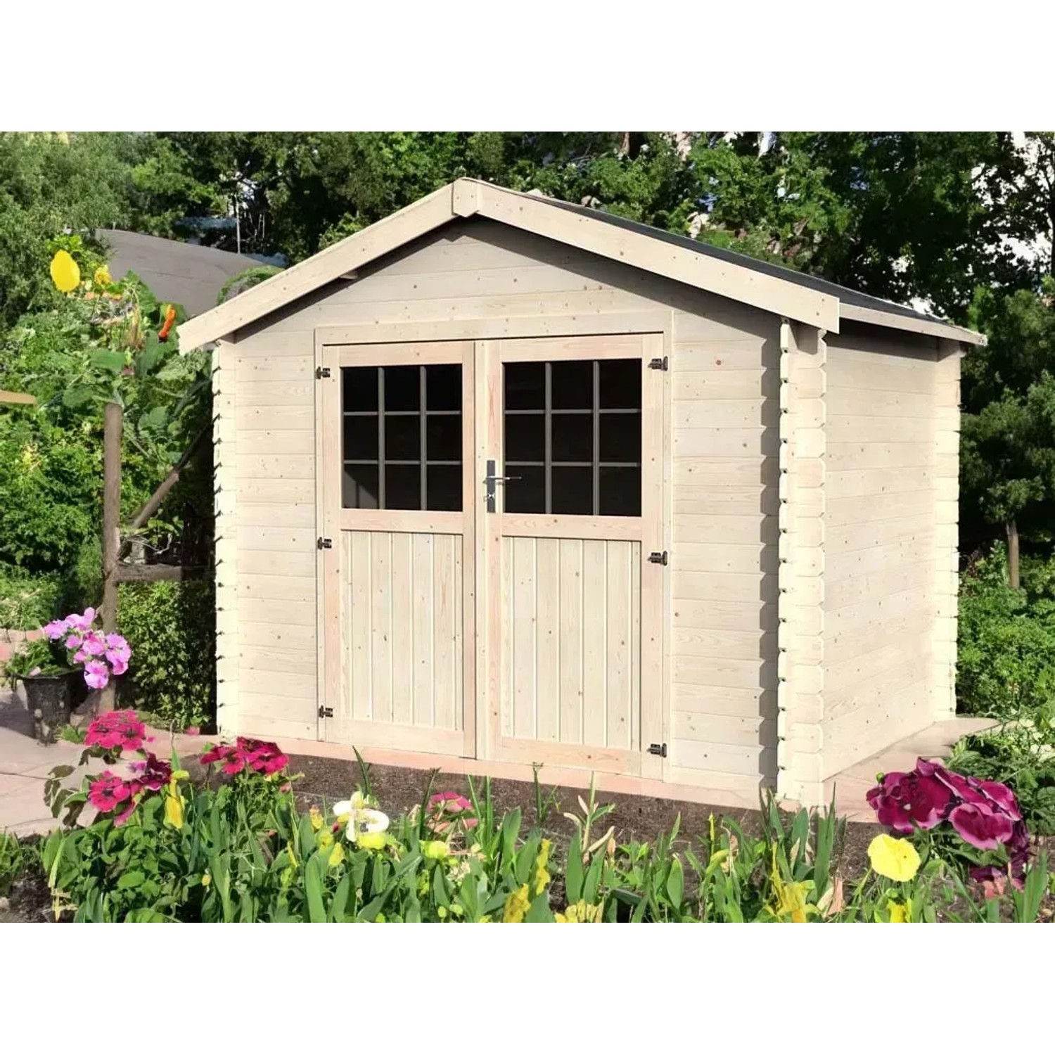 Casetta da giardino in legno Decor et Jardin Florine con doppia porta e finestre in giardino.