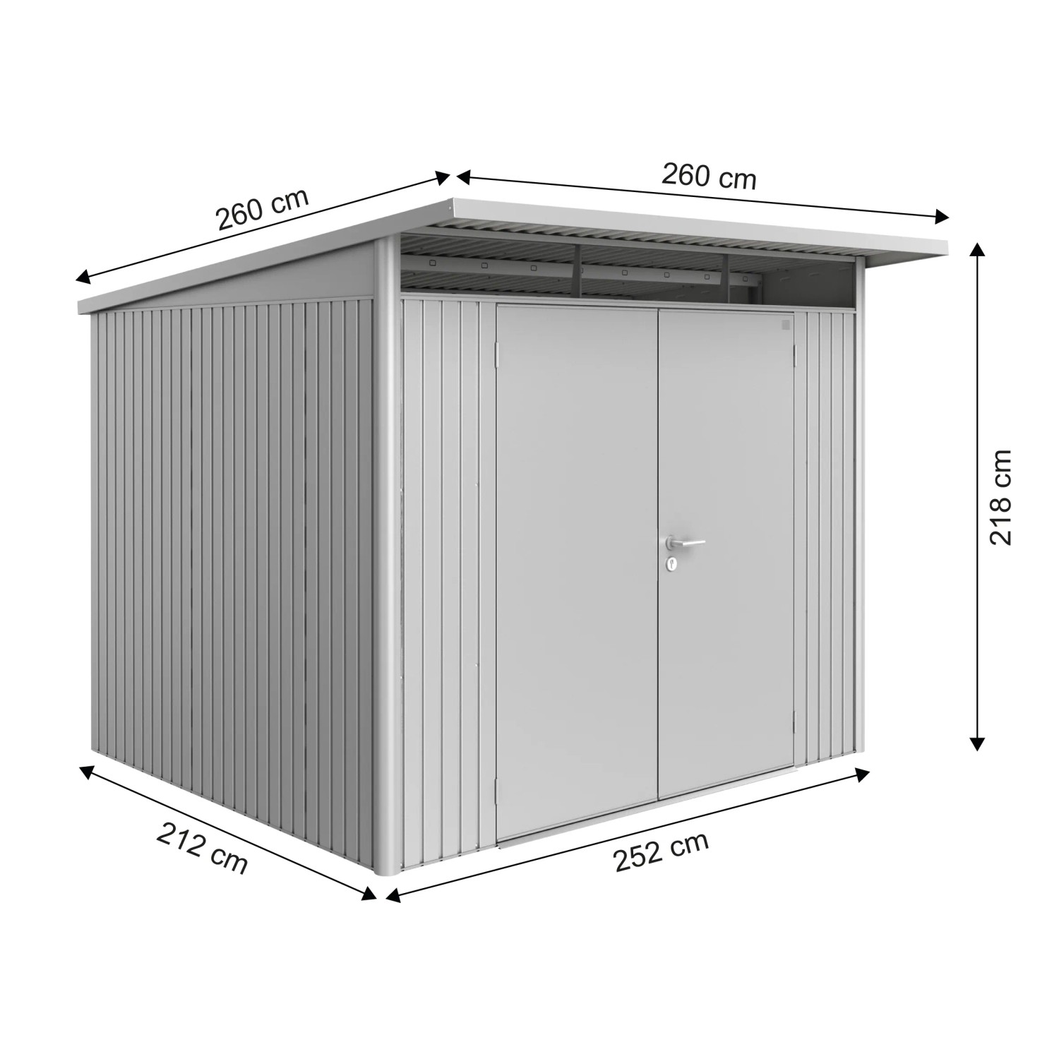 Casetta da giardino in metallo Biohort AvantGarde A6, argento metallizzato, con doppia porta e dimensioni.