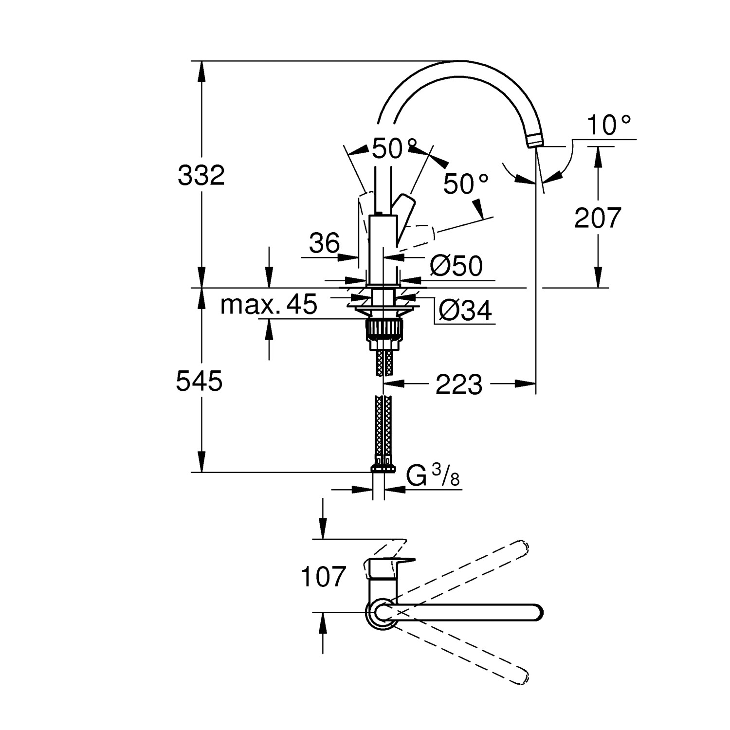 Disegno tecnico del miscelatore da cucina Grohe QuickFix Start Edge con dimensioni.