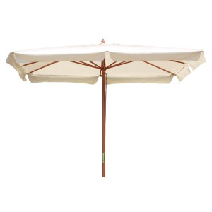 Ombrellone t.b.t. con struttura in legno e telo beige.