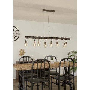 Lampada a sospensione a 8 luci Eglo Townshend 4 in marrone antico e nero sopra il tavolo da pranzo.