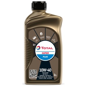 Olio motore Total Super Plus 10W-40 in flacone marrone, 1 litro.