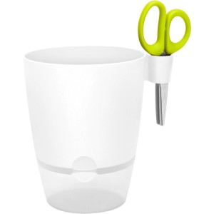 Vaso per erbe aromatiche Elho Brussels bianco con forbici per erbe e sistema di irrigazione.