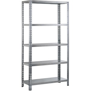 Scaffale metallico con 5 ripiani, ideale per lo stoccaggio in cantina o in officina.