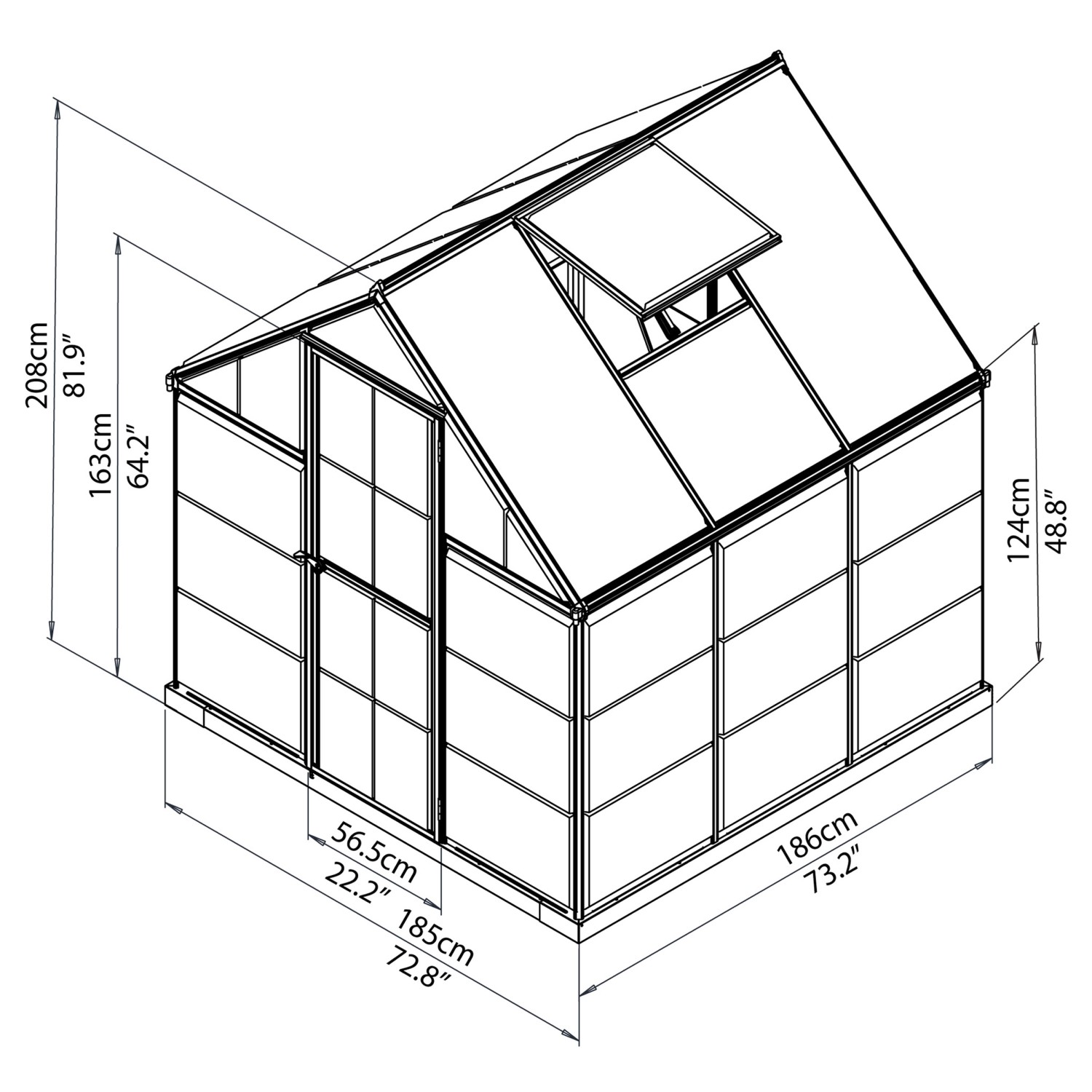 Vista dall'alto della serra Palram Canopia Hybrid 1.9x1.9 in verde con dimensioni.