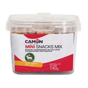 Camom Mini Snacks Mix per cani in contenitore trasparente, gusto cervo.