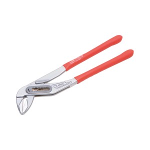 Pinza per raccordi LUX 240 mm con ganasce lisce e manici rossi.