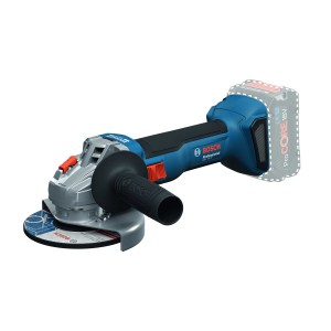 Smerigliatrice angolare a batteria Bosch Professional GWS 18V-8, blu/nera, con disco abrasivo.