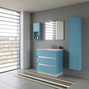 Set di mobili da bagno blu con mobile lavabo, specchiera e pensile per bagni moderni.