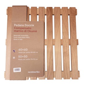 Griglia doccia in legno, accessorio per doccia, in legno di Okumé con etichetta.