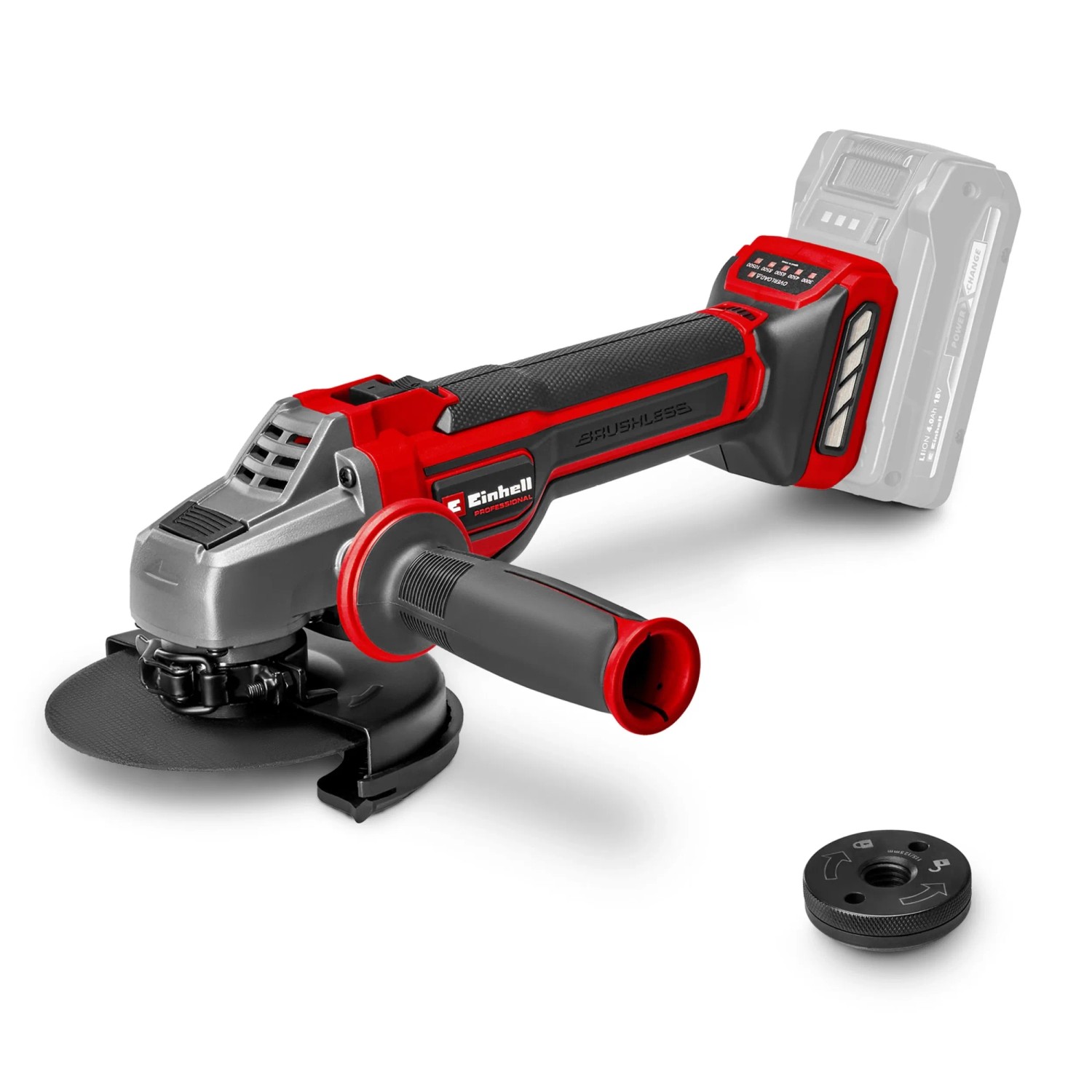 Smerigliatrice angolare a batteria Einhell TP-AG 18/125 CE Q Li Solo, rosso/nero, con impugnatura supplementare e dado a serraggio rapido.