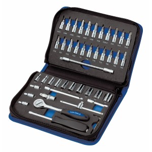 Set di chiavi a bussola LUX Classic, 45 pezzi con bussole, inserti e prolunga in custodia blu.