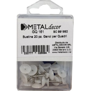 Confezione di ganci per quadri t.b.t. per cornici. Teste bianche, chiodi argentati.