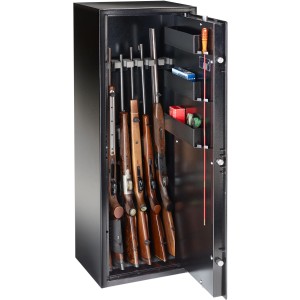 Armadio blindato per armi Burg Wächter Ranger N 7 E Grado 0 aperto con armi e munizioni.
