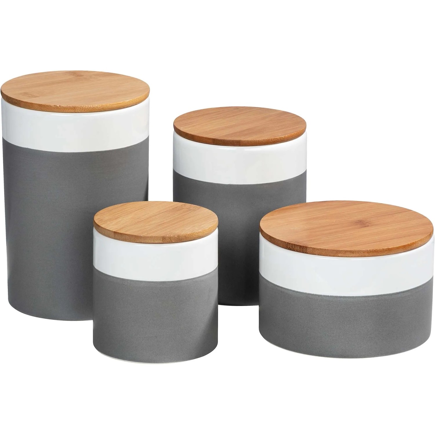 Set barattoli Wenko Malta, ceramica grigio-bianca con coperchi in bambù, diverse dimensioni.