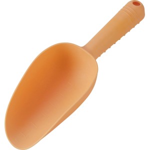 Paletta da giardino arancione in plastica con scala graduata.