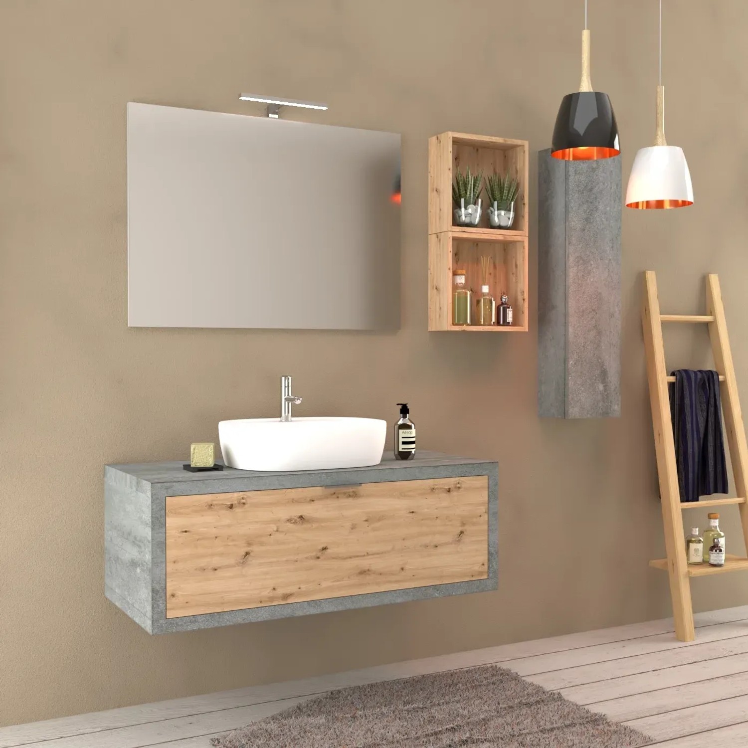 Bagno moderno con mobile lavabo, specchio e mensola in legno. Arredo bagno.