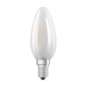 Lampadina LED Osram E14, 4W, forma a candela, vetro satinato. A risparmio energetico e di lunga durata.
