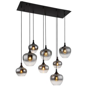 Lampada a sospensione moderna t.b.t. con 8 paralumi in vetro grigio per soggiorno e sala da pranzo.